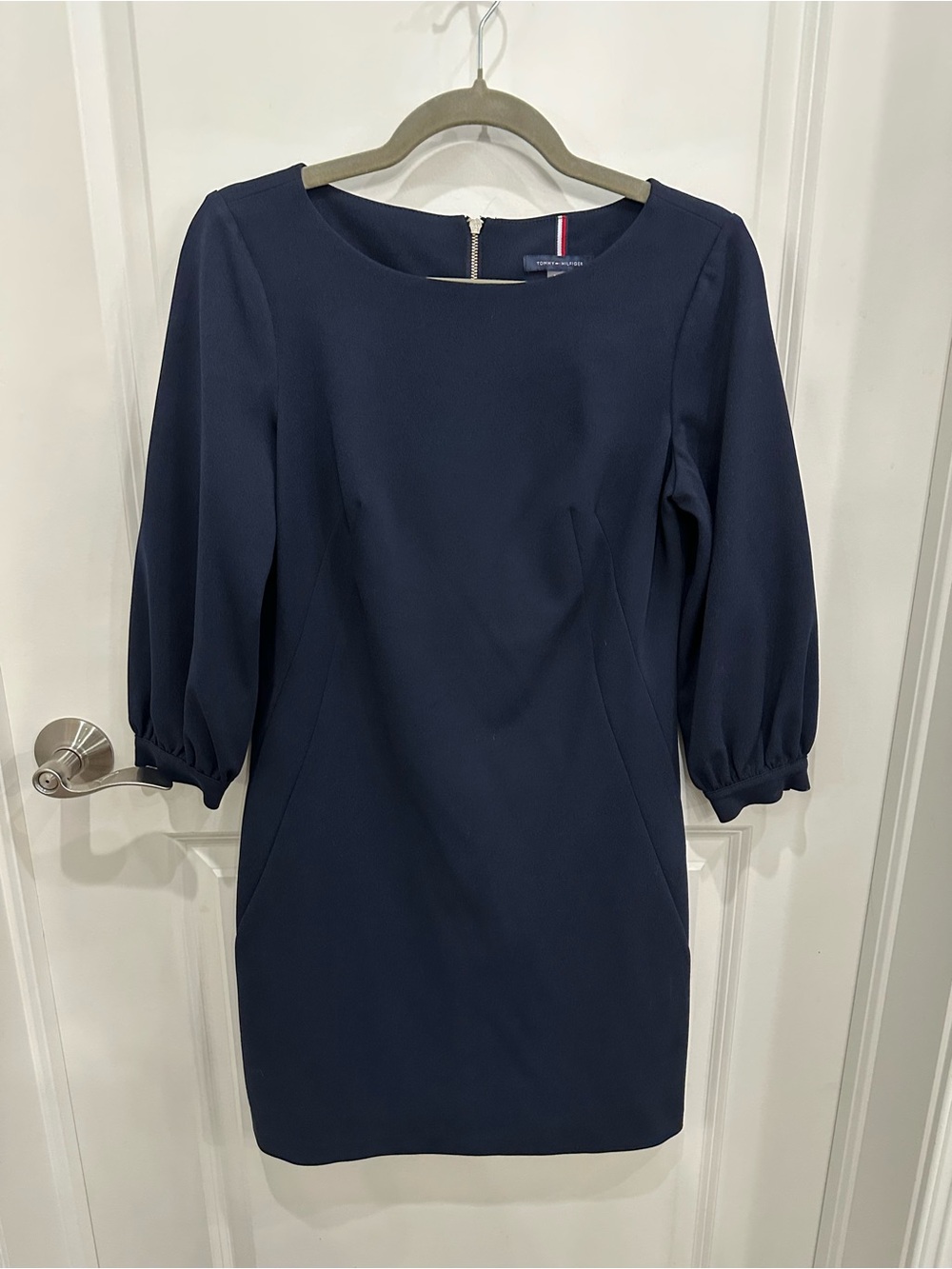 Tommy Hilfiger Navy Midi Sheath Dress with Three-Quarter Sleeves